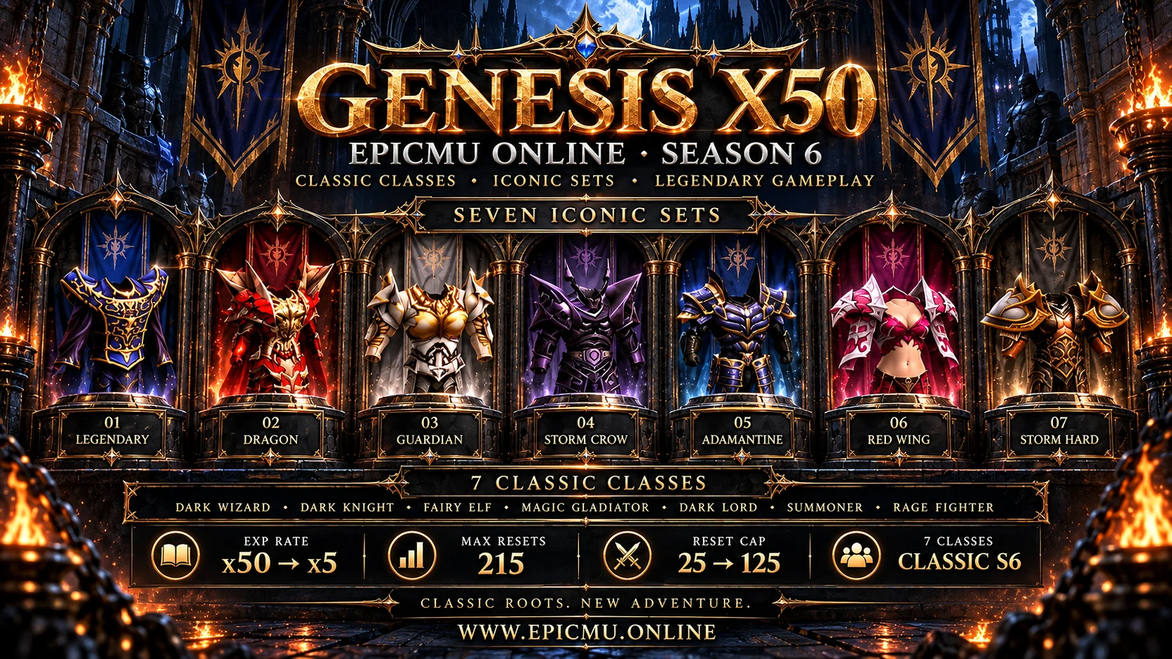 Genesis x50 - EPICMU Online Season 6: seven iconic sets, seven classic classes, x50 to x5 experience, 215 resets