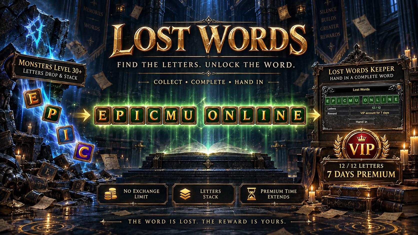 Lost Words - collect letters to spell EPICMU ONLINE and earn Premium time